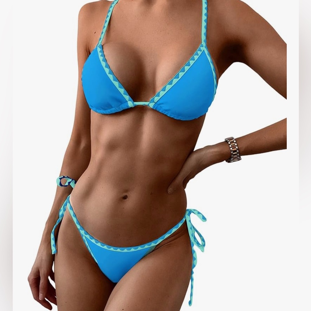 New! Zaful Light Blue with Green Triangle Bikini
